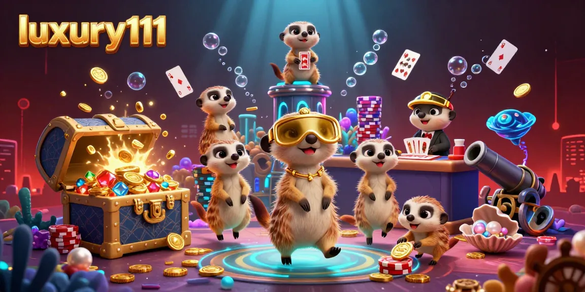 Experience exhilarating gameplay at luxury111 with a vibrant scene of meerkats running a casino operation amidst underwater treasure and colorful elements.