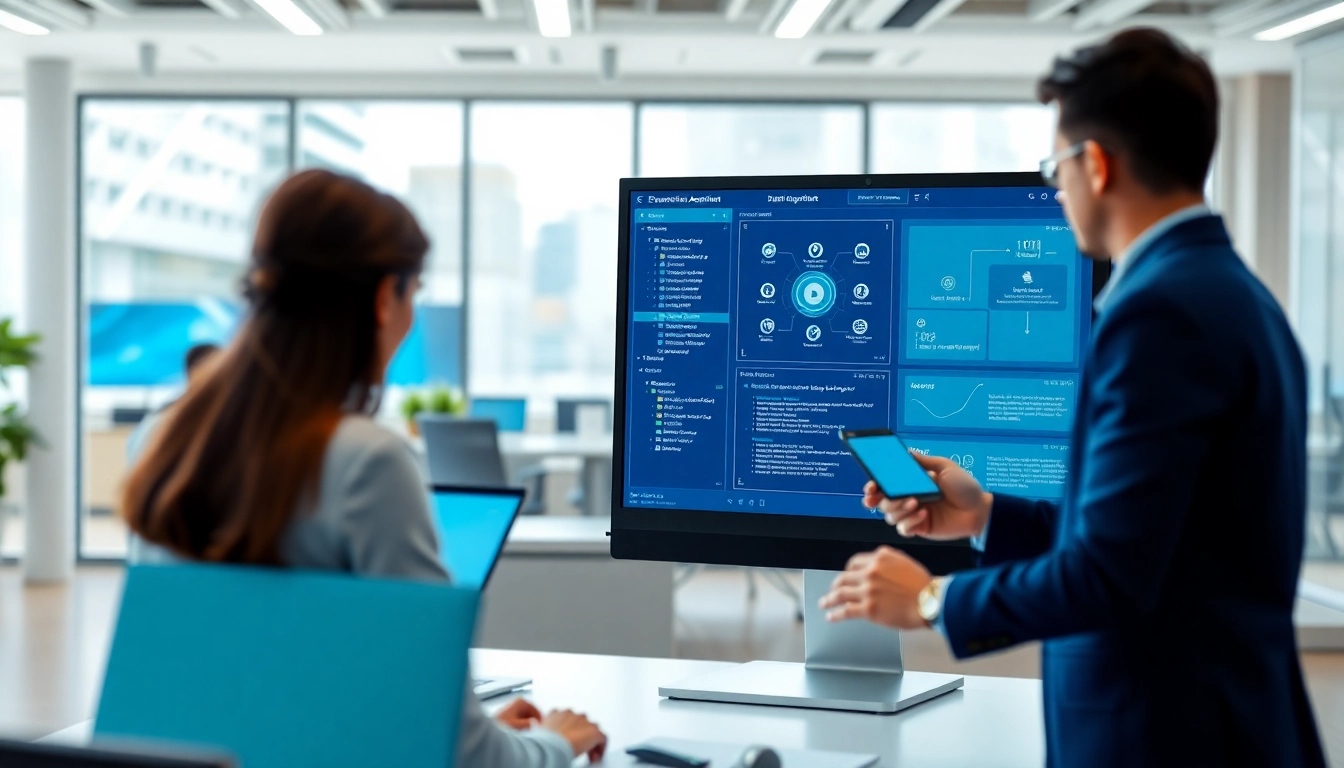 Engaged team using enterprise assistant software on various devices in a modern office.