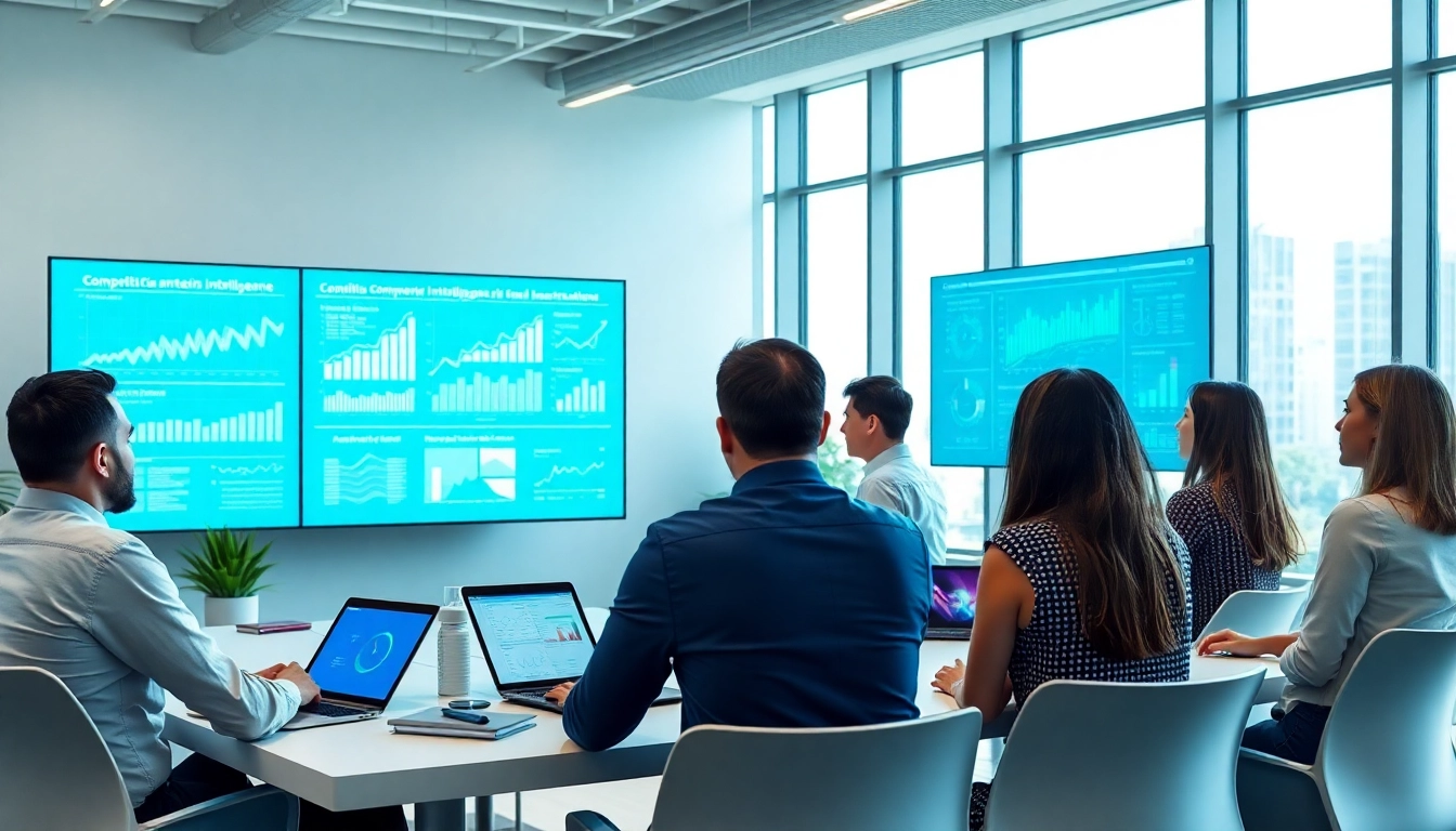 AI for competitive intelligence session showcasing a diverse team analyzing data in a modern office.