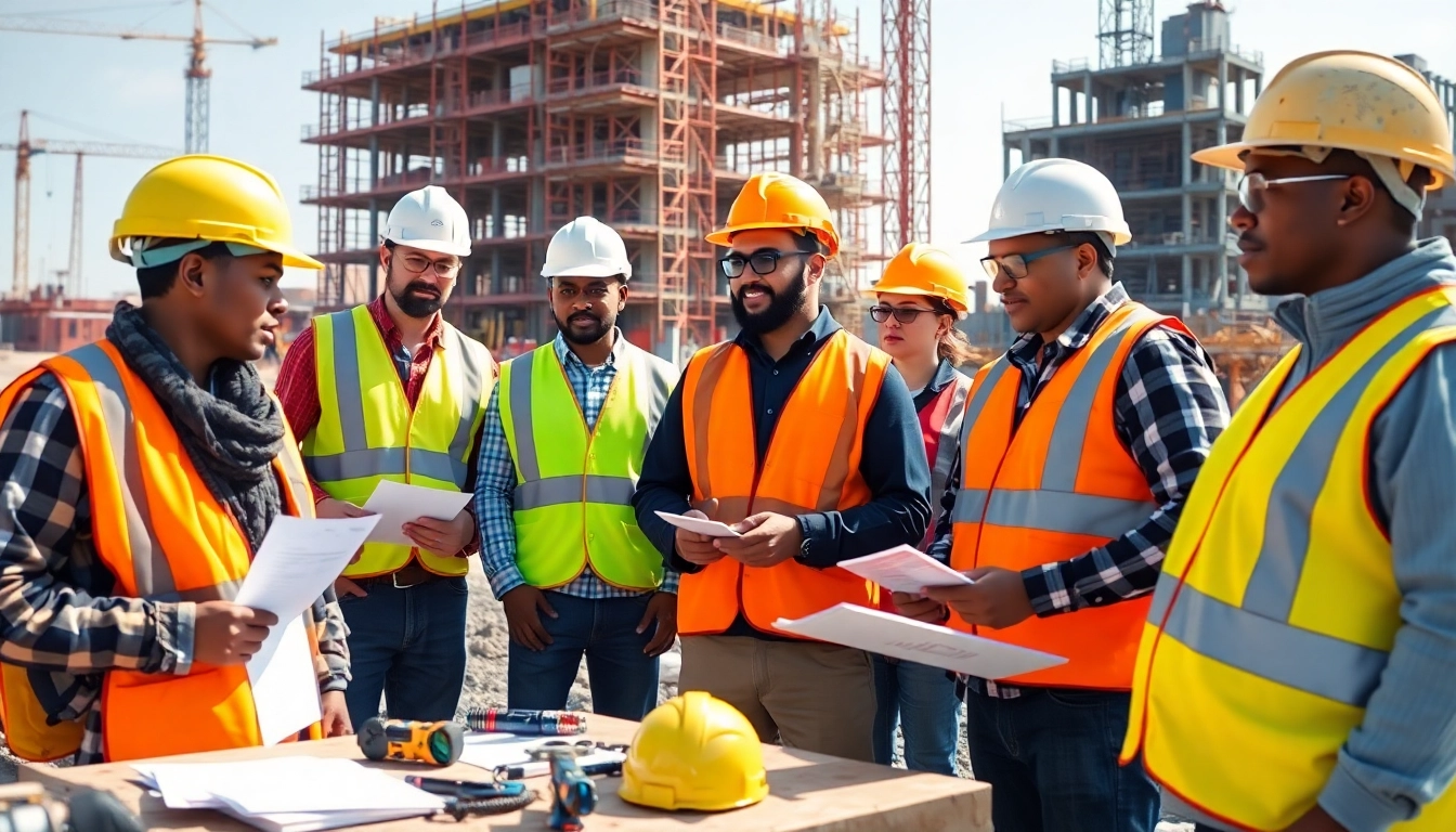 Engaged workers participating in construction safety classes wearing safety gear.