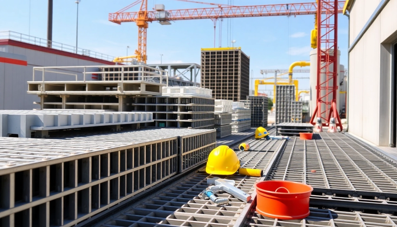 Visual representation of a GRP Grating Supplier showcasing diverse grating materials on a construction site.