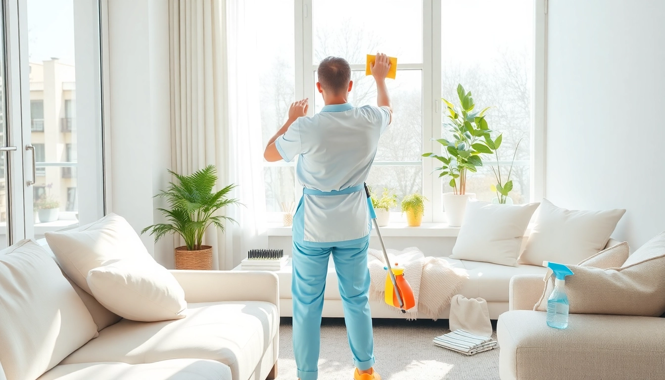 Cleaning Service professional cleaning a window in a bright, modern living room