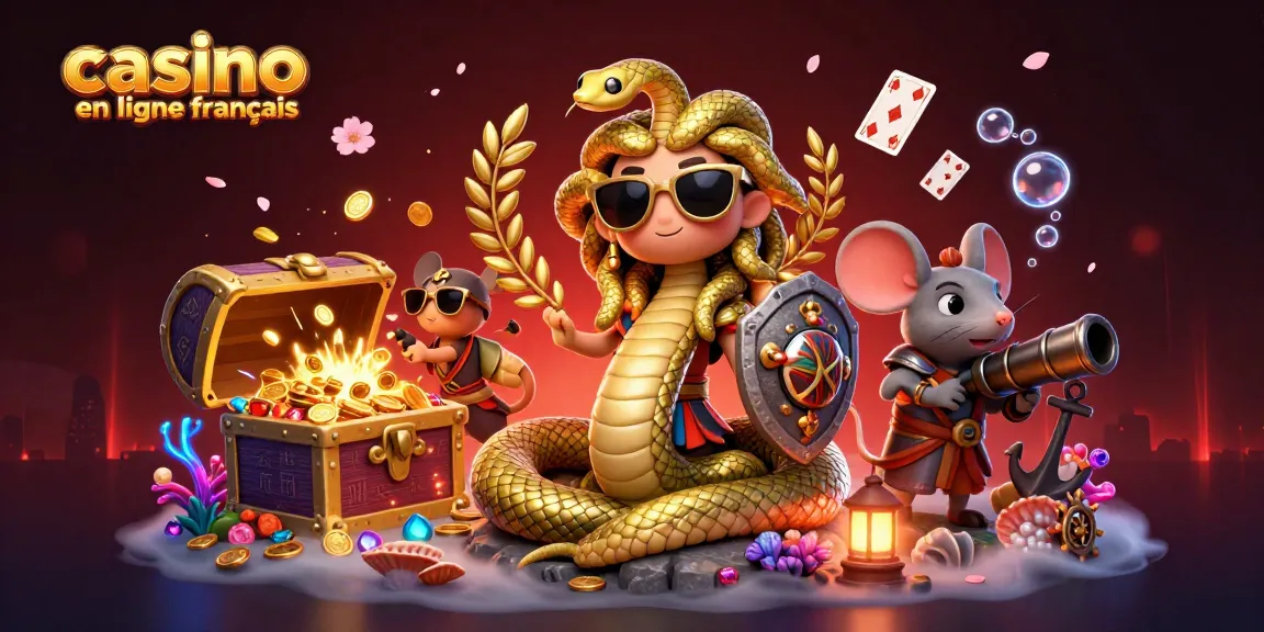 Jouez sur le casino en ligne français avec Méduse et un guerrier souris entouré de trésors et de cartes.