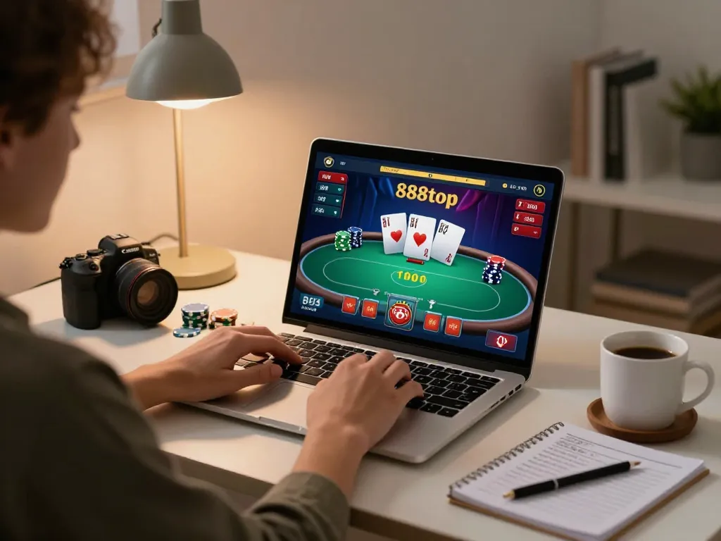 Engaging online poker gameplay at 888top showcased in a cozy home environment.