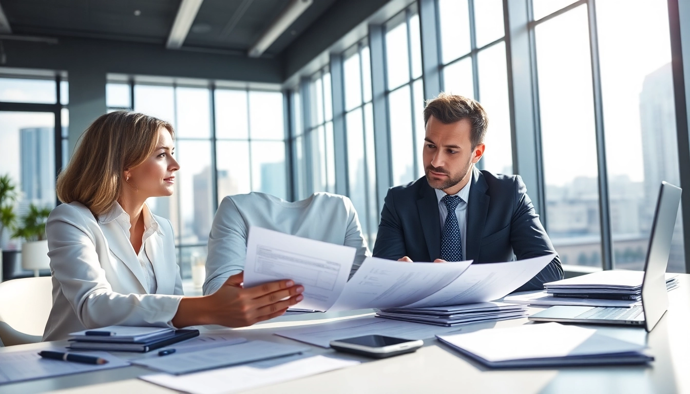Evaluate pre-post award compliance with consultants analyzing documents and data in a bright office.