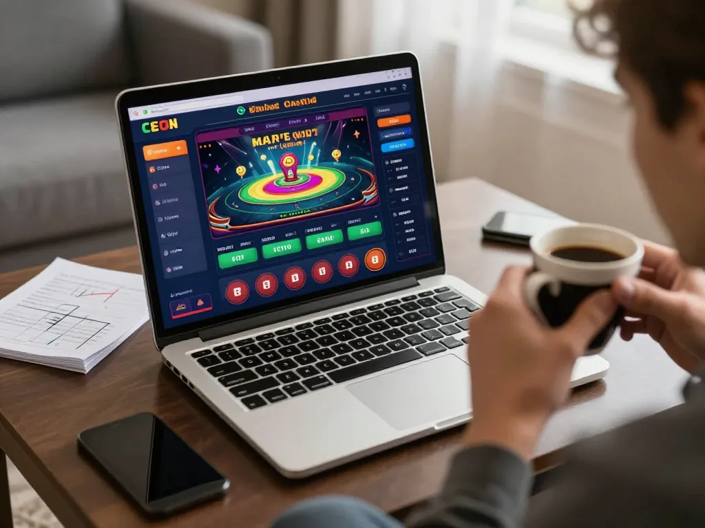 Engaged user at home exploring nhà cái uy tín via an online casino platform, focused and strategic.