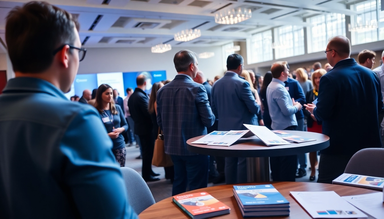 Engaged participants at construction networking events exchanging ideas in a bright venue.