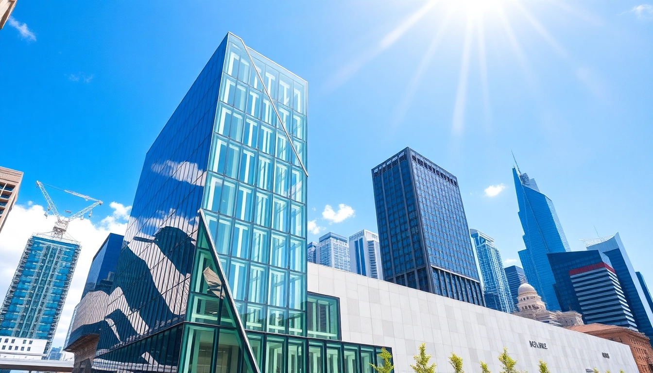 Showcase of architectural design services with a modern urban building in a bright setting.