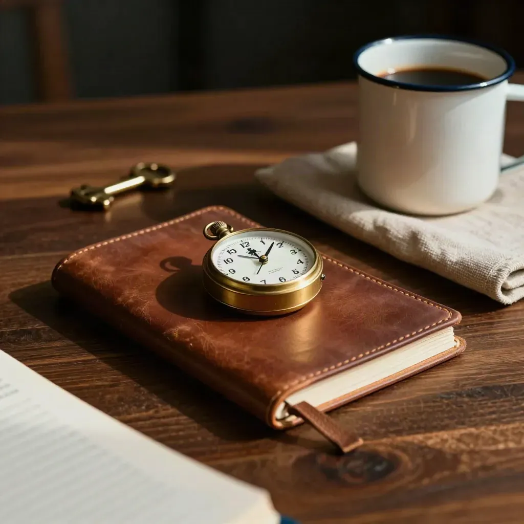 Brass timer, worn leather notebook, enamel mug and linen pouch on a dark oak desk.