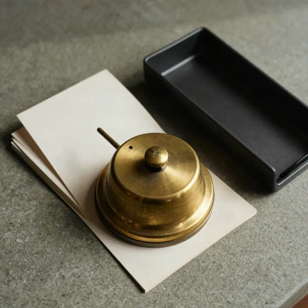 Brass tally counter beside squared slips in a matte-black tray on a dark stone surface.