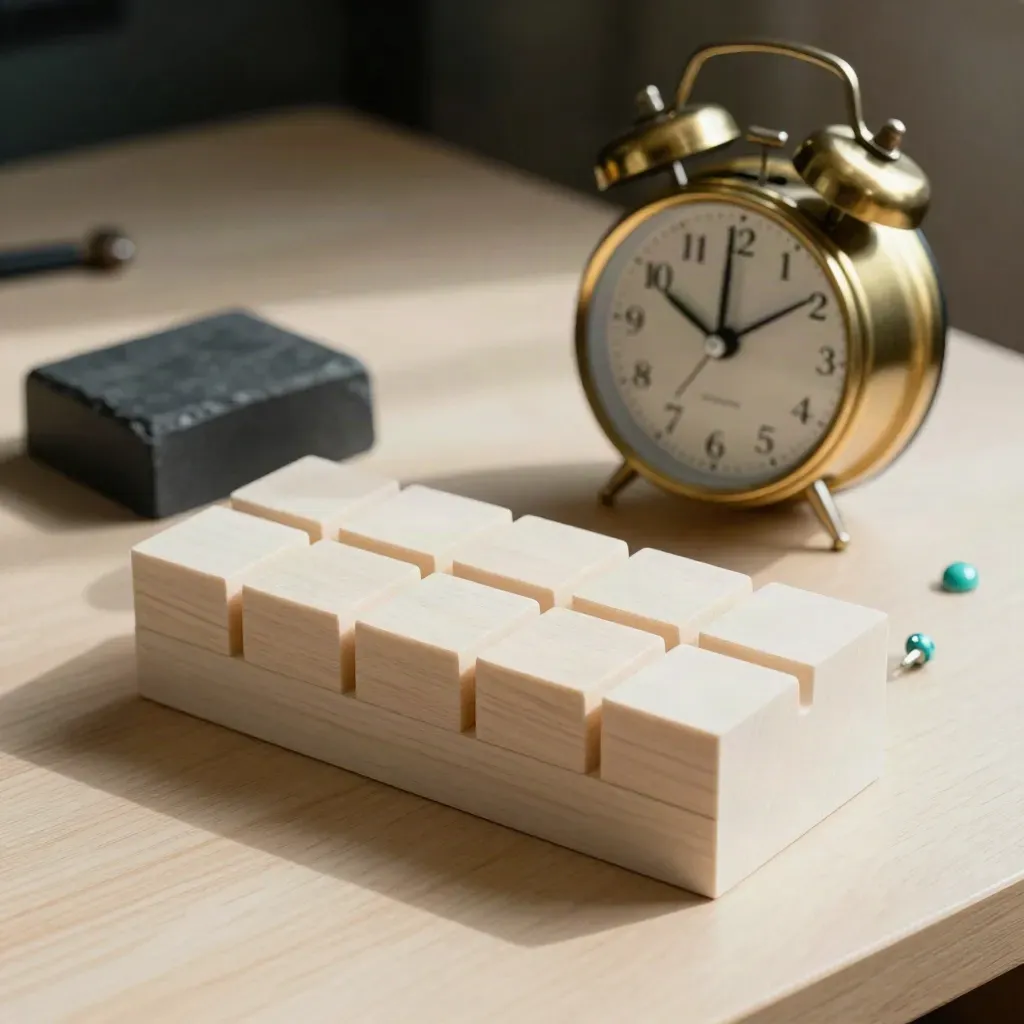 Brass alarm clock, week block and slate paperweight on pale wood in moody light.