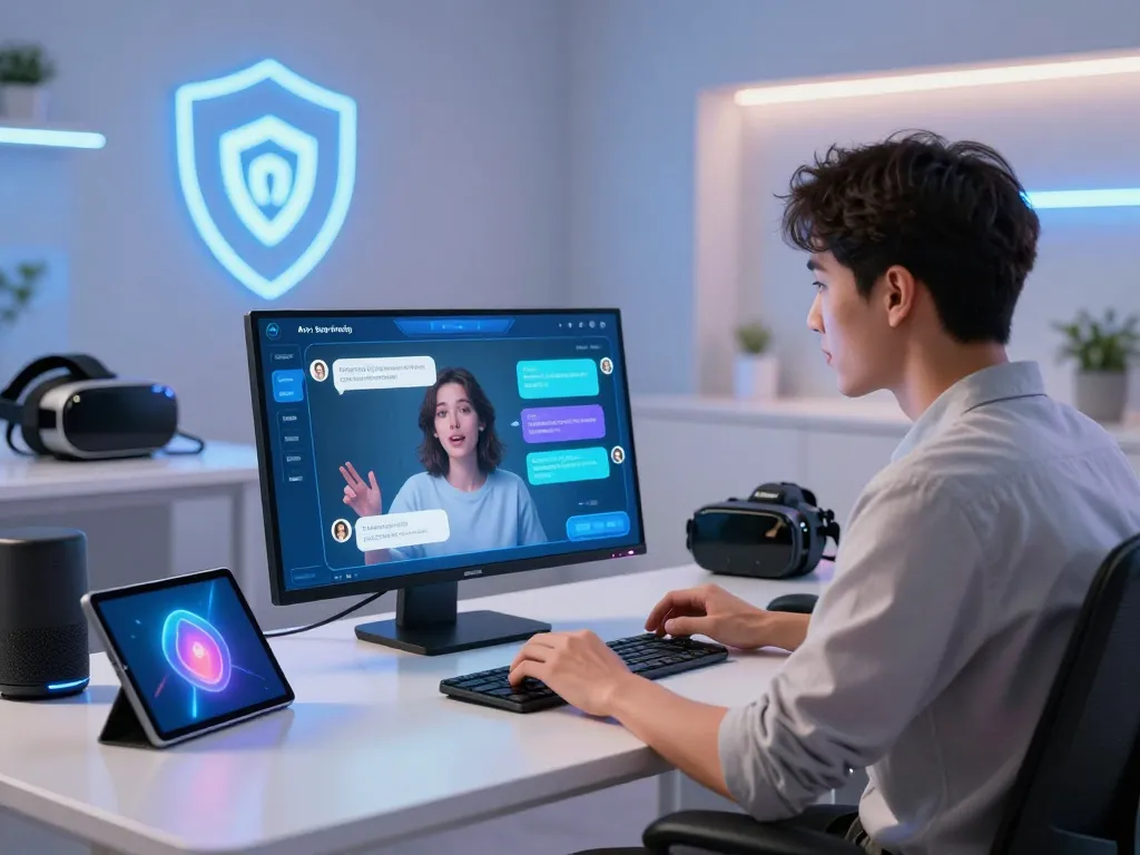 Engaging with an AI slut interface, a user explores advanced digital interactions in a secure, high-tech room.