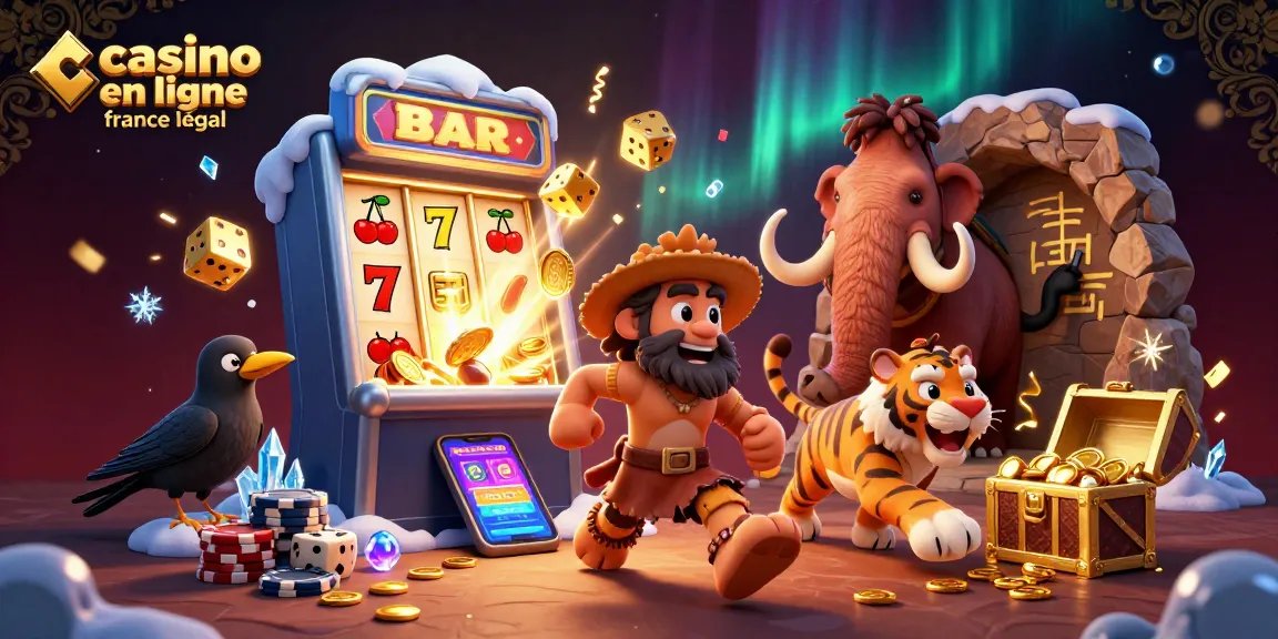 Un duo de préhistoriques gérant un casino mettant en avant le casino en ligne légal en France avec des éléments de jackpot et des symboles.