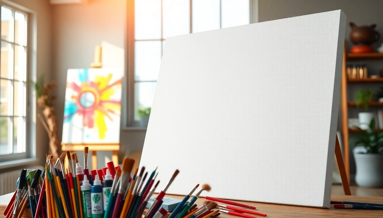 Canvas materiaal in creatieve werkruimte met levendige verf en penselen.