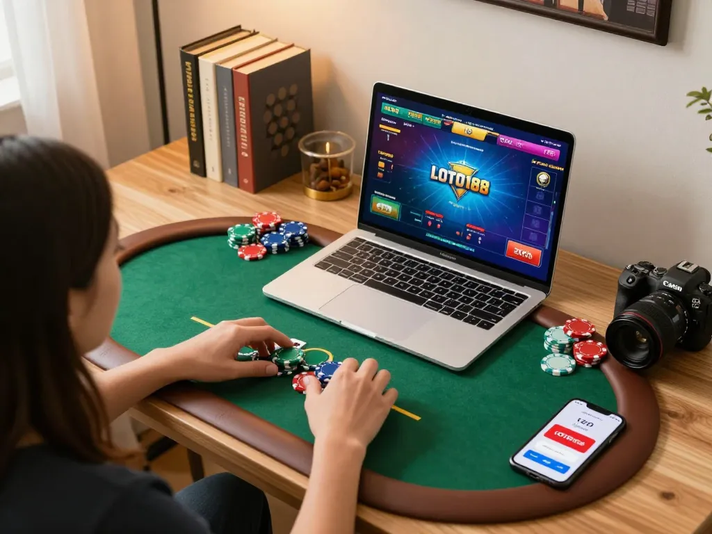 Engaging in an exciting poker game on LOTO188 COM with vibrant laptop interface and strategic atmosphere.