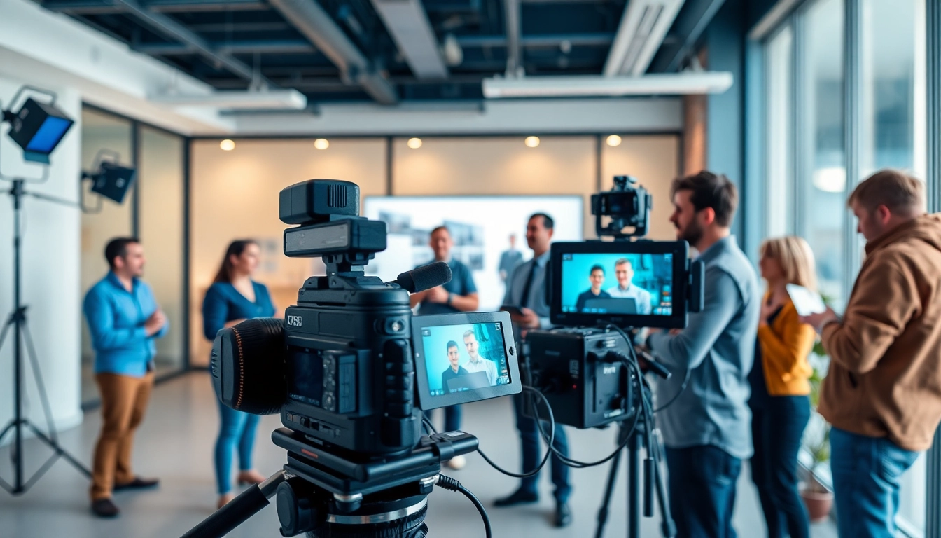 Capture of a corporate video production scene focusing on teamwork and modern equipment.