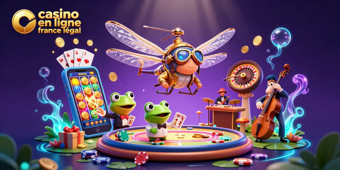 Casino en ligne en France légal : animations colorées de jeux, un croupier grenouille et un pilote libellule.