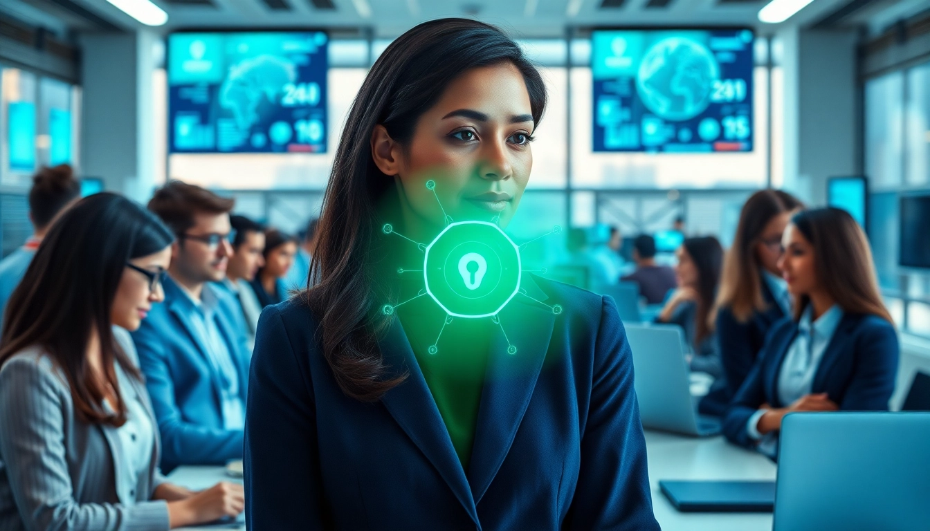 Engaging enterprise assistant in a modern office, highlighting collaboration and technology.