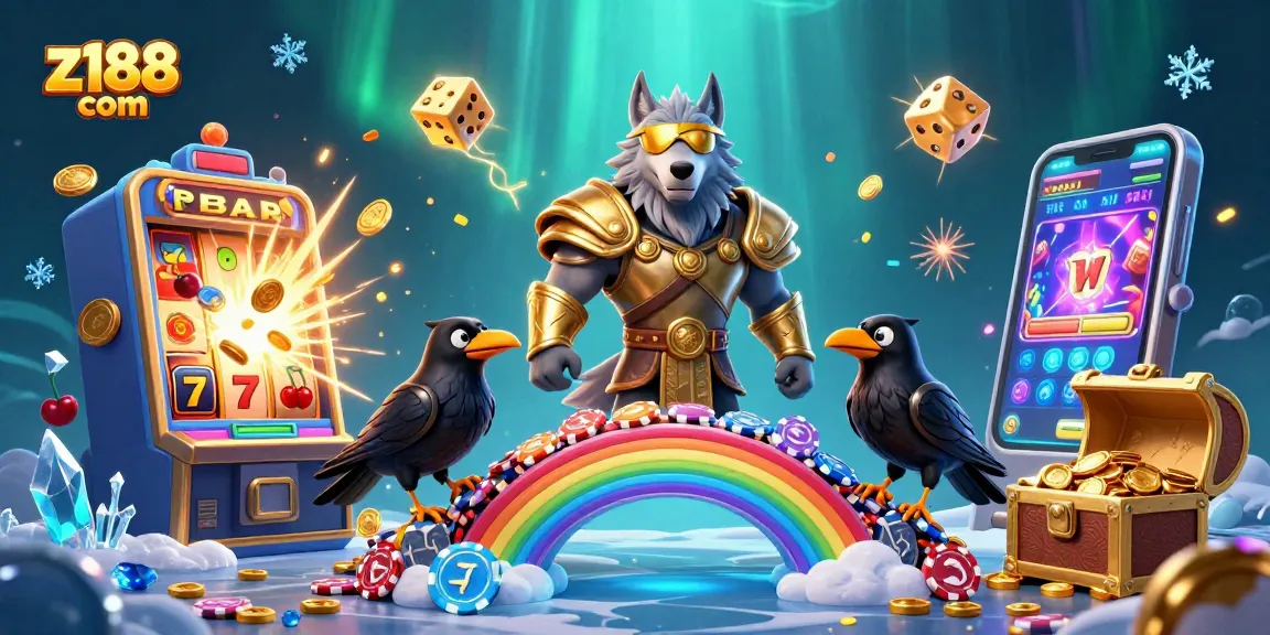 Spin the reels with z188 com for jackpot thrills, featuring Odin and two ravens in a colorful casino adventure.