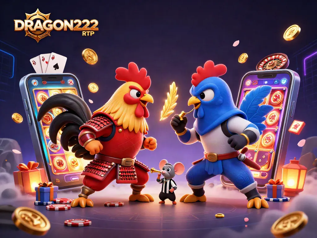Dynamic illustration of DRAGON222 RTP showcasing a dramatic duel between cartoon roosters in a vibrant casino setting.