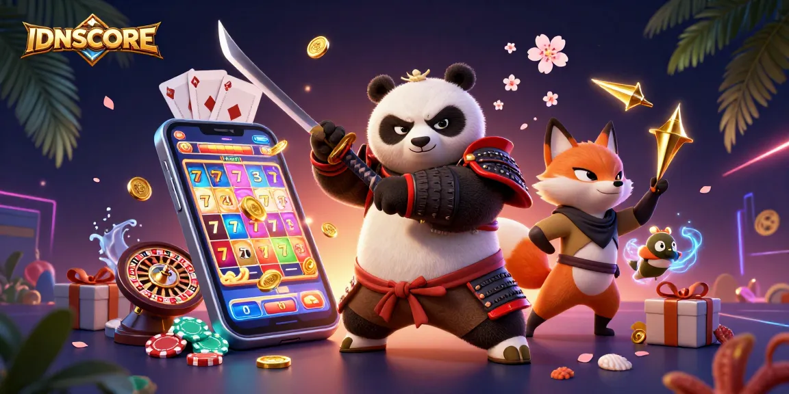 IDNSCORE showcases a vibrant scene with a samurai panda, ninja fox, and tanuki in an exciting casino setting.