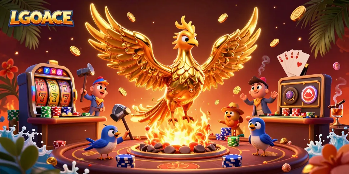 LGOACE players spin slot reels with a golden phoenix and poker elements amidst gleaming casino lights.