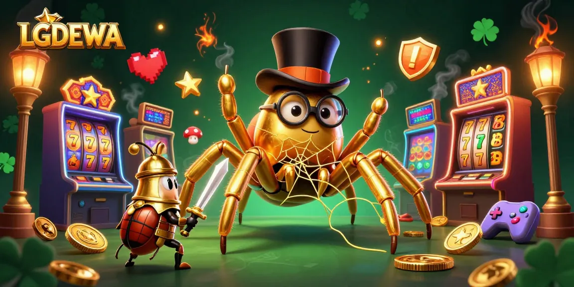 Experience the thrill with LGODEWA as playful characters animate a lively casino scene with vibrant slot game elements.