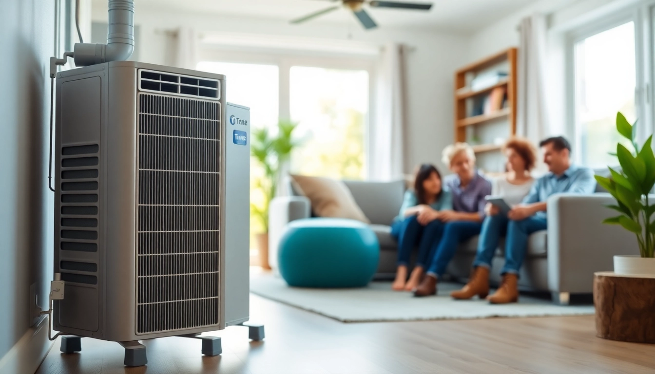 Trane air conditioning unit in a modern living room, showcasing energy efficiency and comfort.