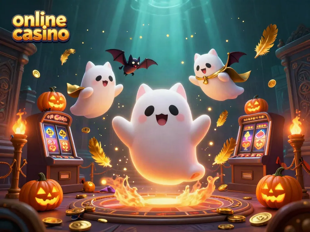 Gana en el casino en línea con un gato fantasma y un murciélago amigo en una escena de casino llena de emoción.