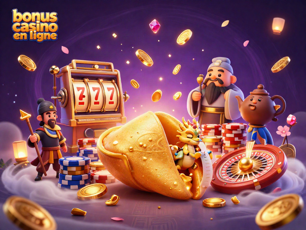Bonus casino en ligne : Découvrez une illustration riche en éléments de casino et personnages ludiques en 3D.
