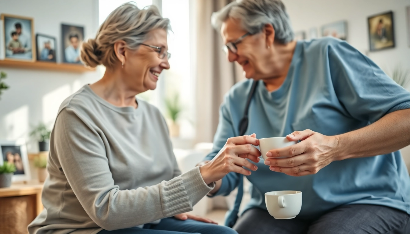 Elderly in home care near me with a caregiver providing support to a senior in a home setting.