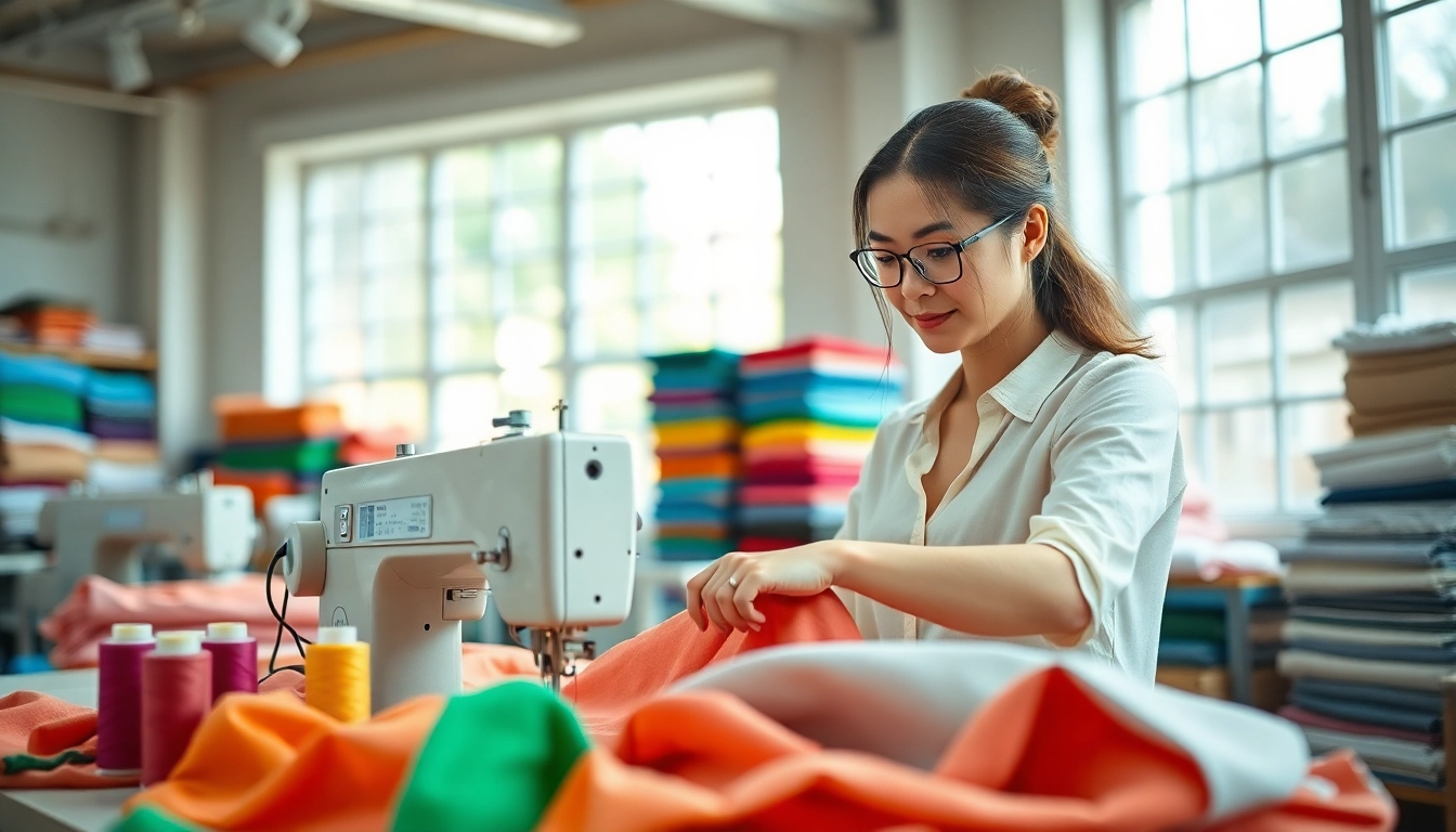 Katoen stof voor kleding verwerkt door een naaister in een creatieve studio.