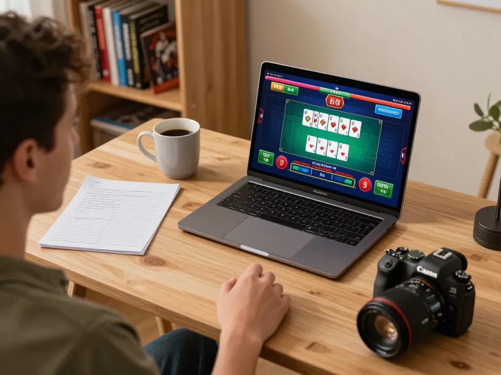 Engaging in a blackjack game online at https://56win.bid/ with cozy home setup showing notes and coffee.