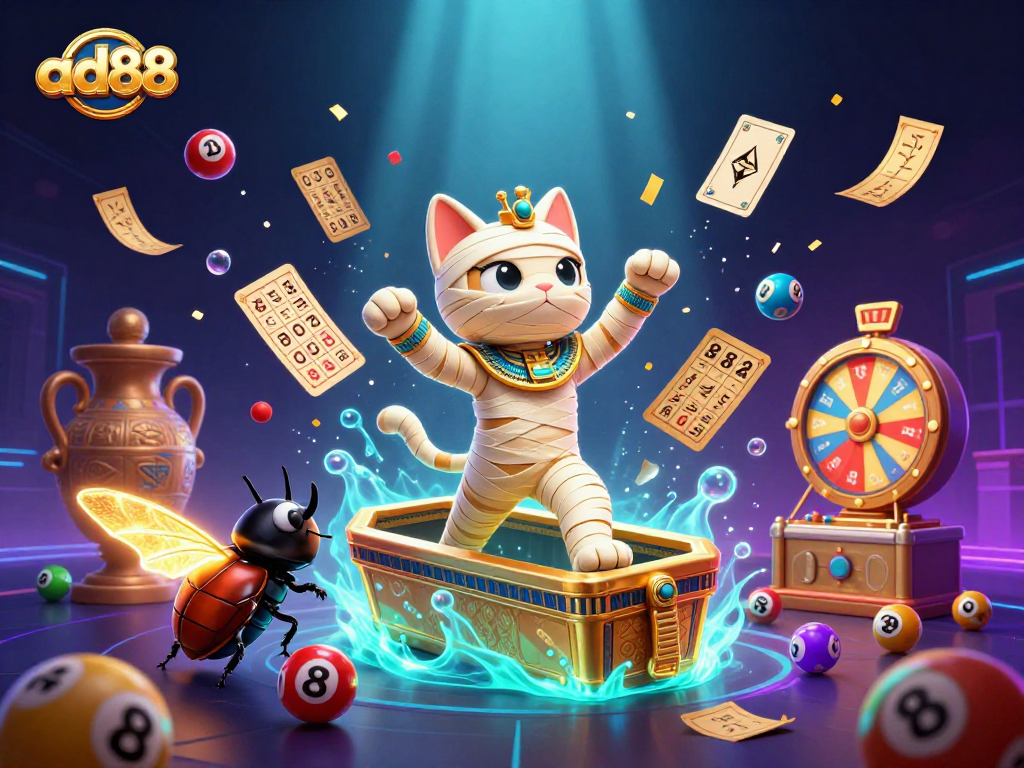 Play with ad88 in a vibrant 3D casino scene featuring an Egyptian mummy cat and lively game elements.