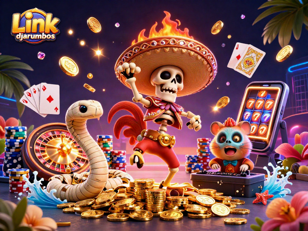 Win big at Link djarumbos with lively characters celebrating on a treasure of golden coins.
