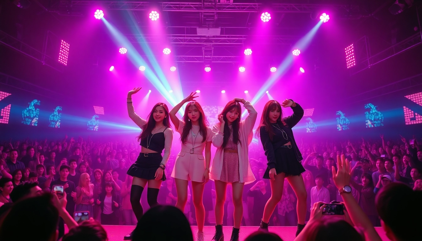 Catch the latest Blackpink news as they perform energetically on stage with vibrant lights.