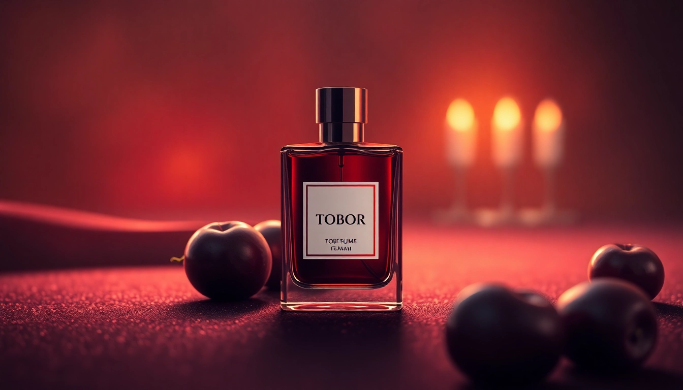 Showcase the Tobacolor perfume bottle with an inviting atmosphere and detailed design.
