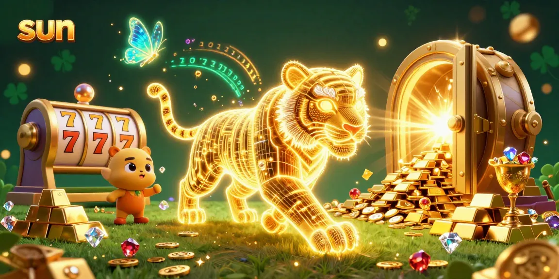 Experience thrilling casino adventures with the sun-themed golden tiger and slot reels.