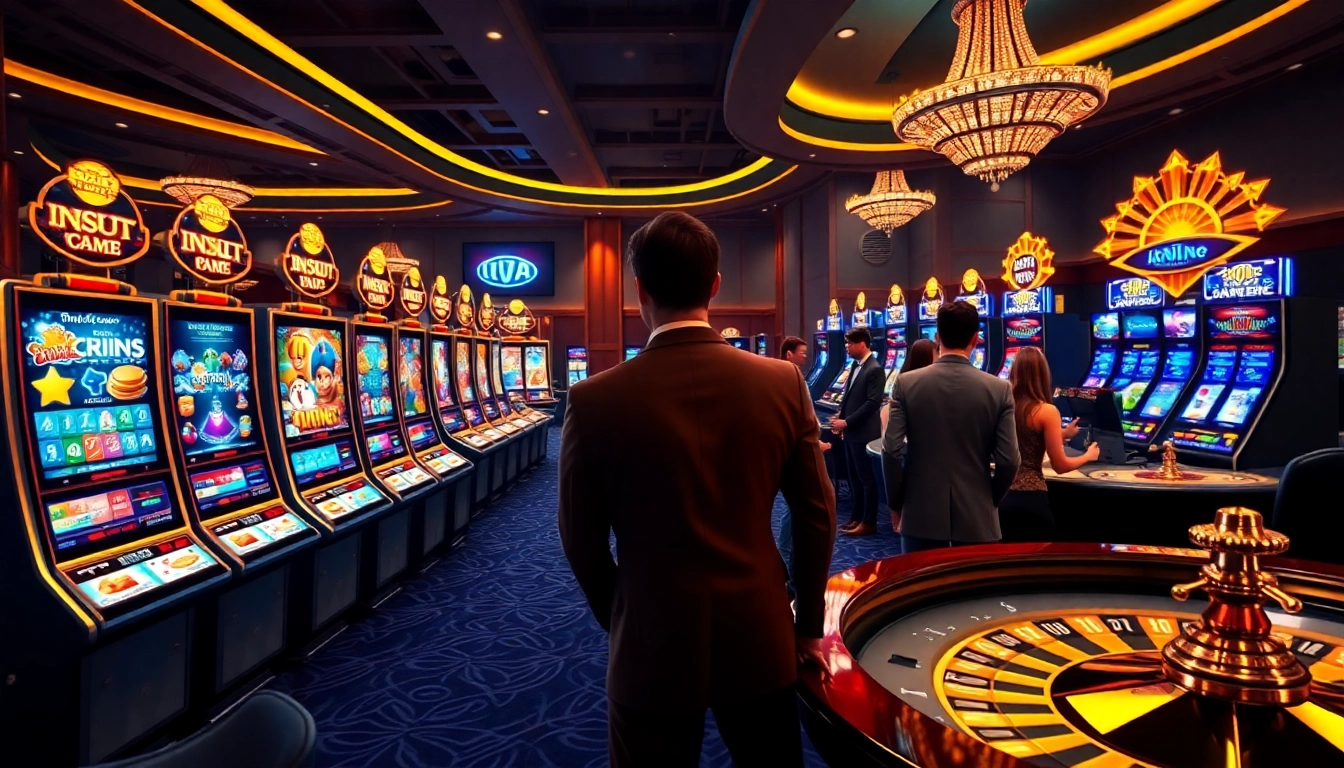 Play idnslot at an elegant online casino showcasing vibrant slot machines and professional gamblers.