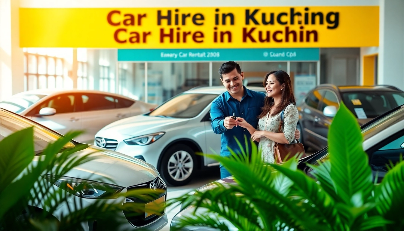 Car hire in Kuching service with smiling staff and rental cars.