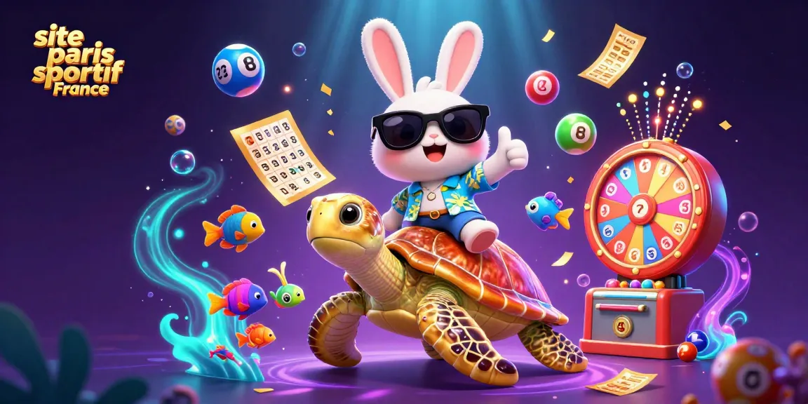 Un site paris sportif France avec un adorable lapin chanceux et une tortue géante entourés de loteries dynamiques.