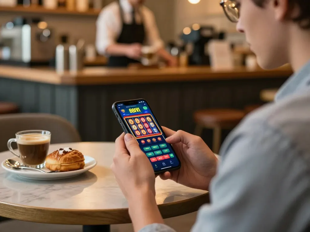 Player engaging with 888VI app on smartphone at a café table, highlighting mobile gambling.