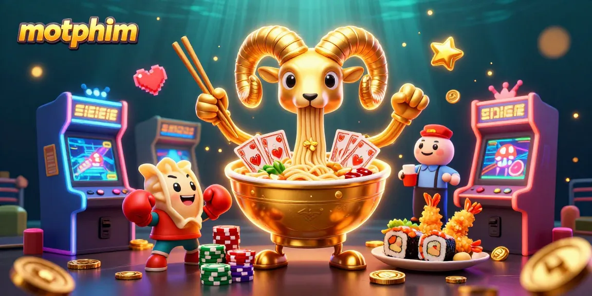 Experience the excitement of motphim with a vibrant and animated casino-themed illustration filled with unique game elements.