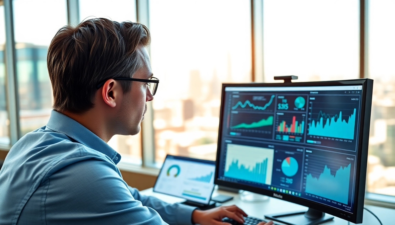 Analyze competitive intelligence data in a modern workspace with vibrant city views.