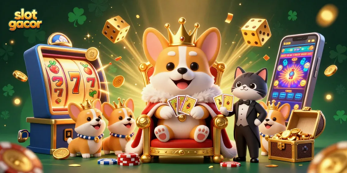 Experience the excitement of slot gacor with a vibrant casino scene featuring royal corgi royalty.