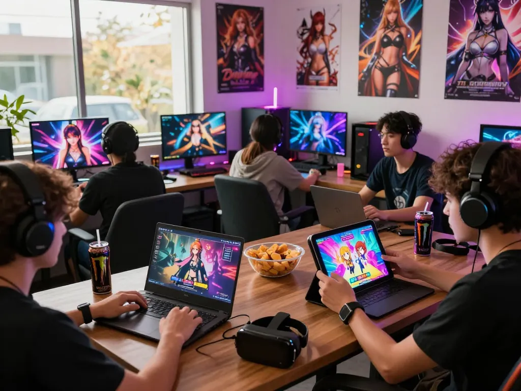 Engaging scene of friends enjoying free porn games on multiple devices in a cozy gaming lounge.
