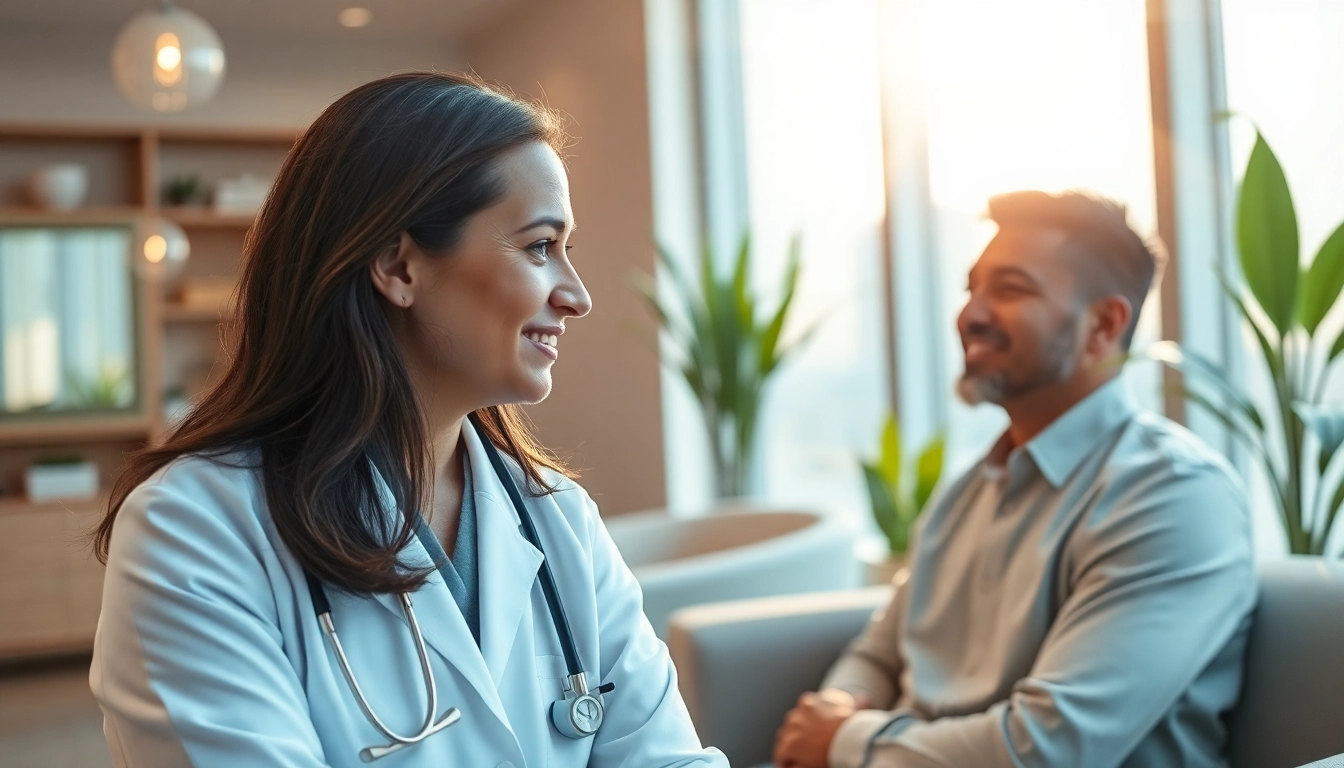 Engaging scene in psychiatry dubai with a compassionate doctor and patient in a calming clinic.