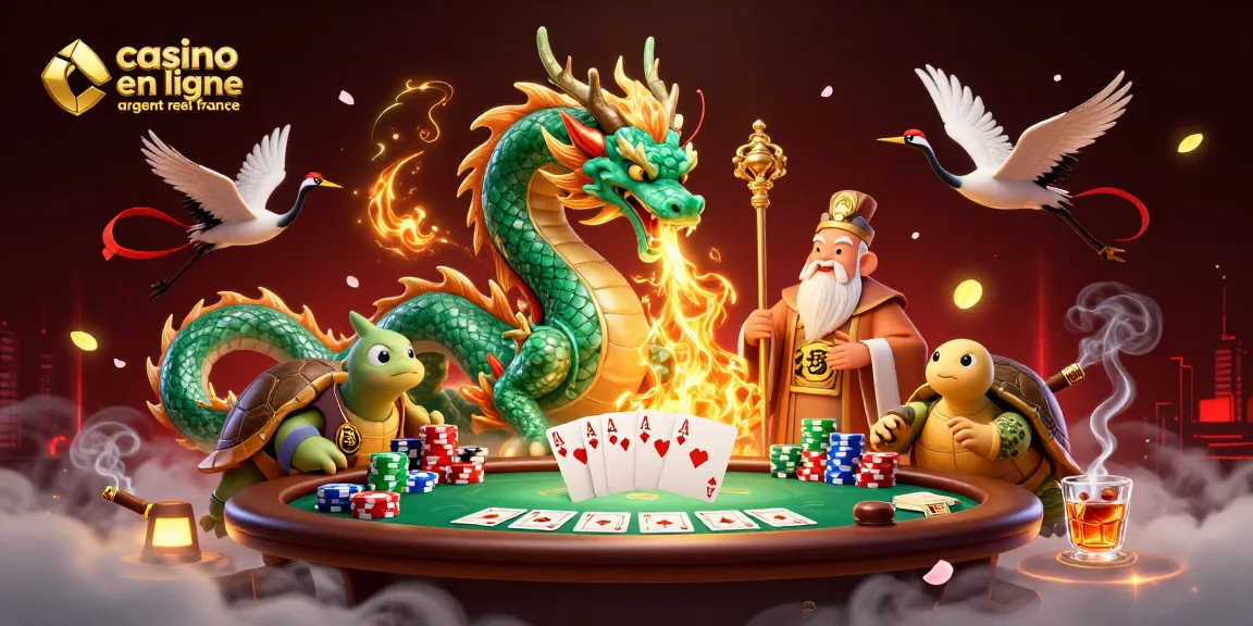 Découvrez le dragon jade émeraude au casino en ligne argent réel France, entouré de jeux de cartes et de jetons colorés.