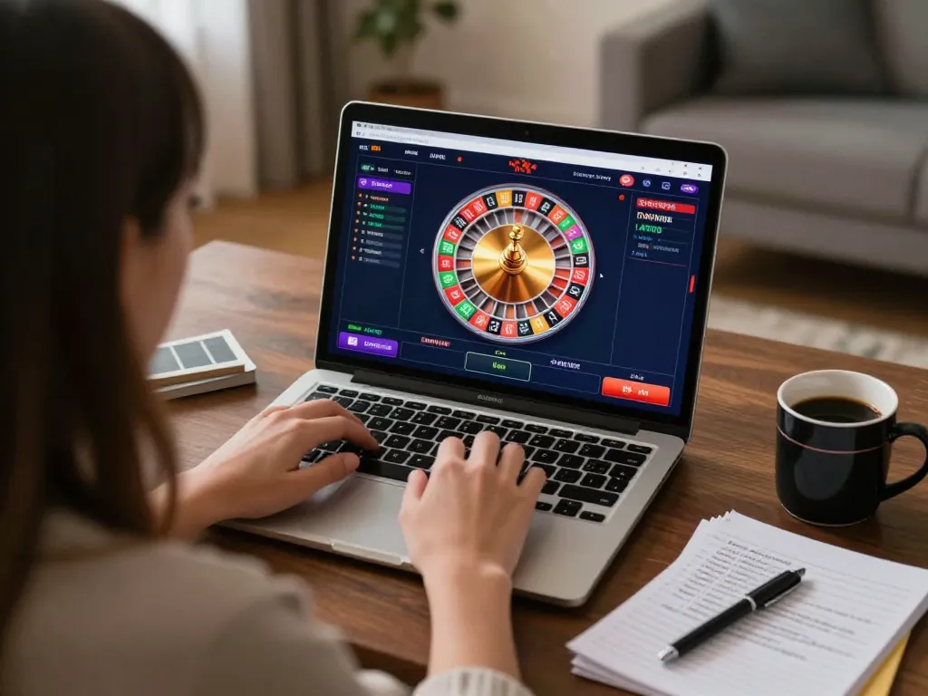 MAX88 casino player engaging with an online roulette game from home, showcasing strategic gameplay and responsible betting practices