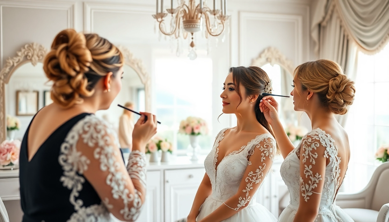Bridal stylist applying wedding hair and makeup to a bride in a radiant setting.